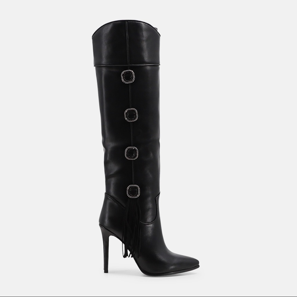 LORRAINE KNEE HIGH WESTERN STYLE BUCKLE DETAIL BOOT IN BLACK FAUX LEATHER
